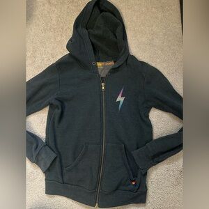 Aviator Nation kids hoodie in dark gray with multicolor thunderbolt sz 12